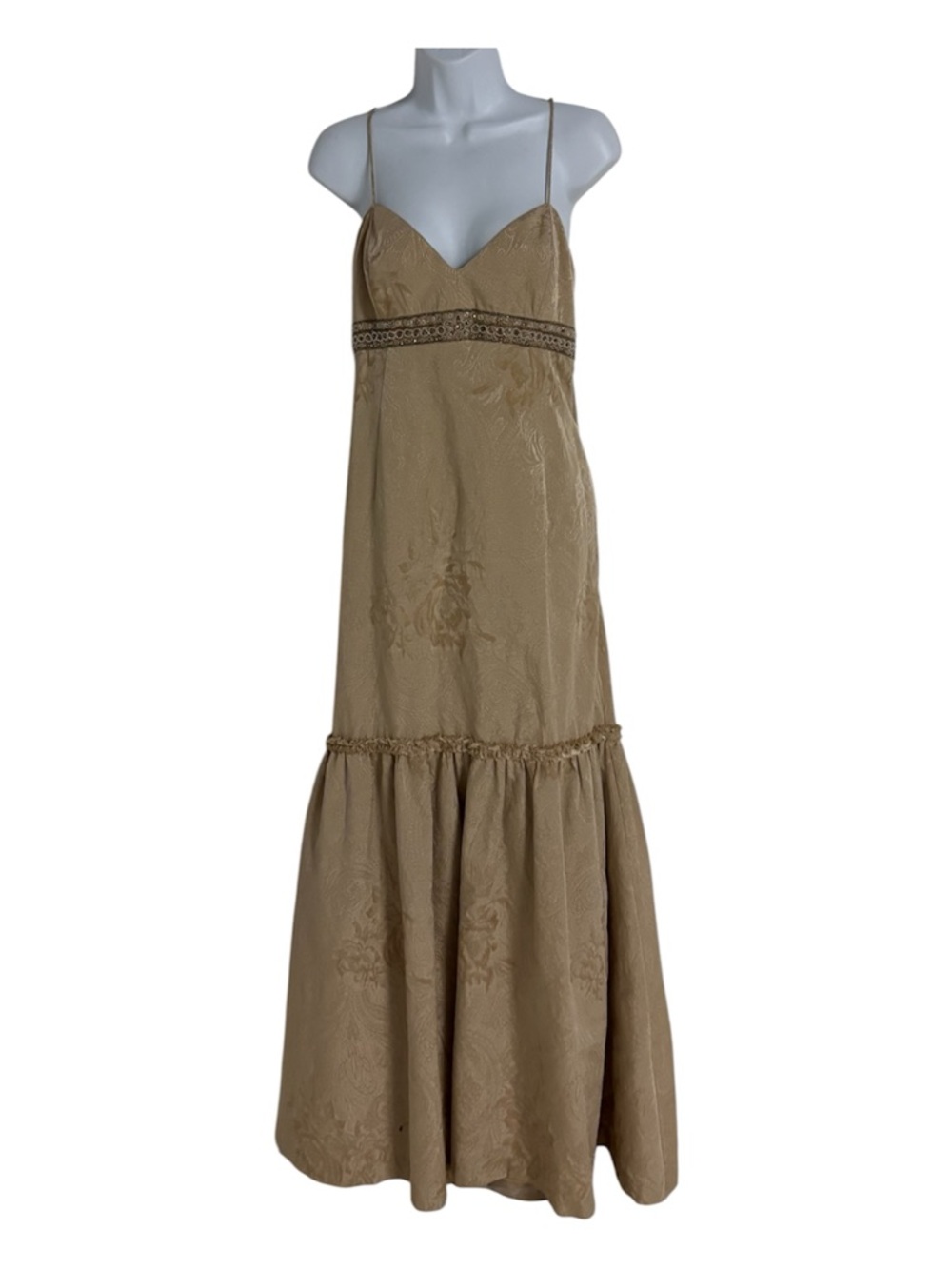 BADGLEY MISHKA Spaghetti Strap Evening Dress Gown in Taupe Jacquard Fabric
